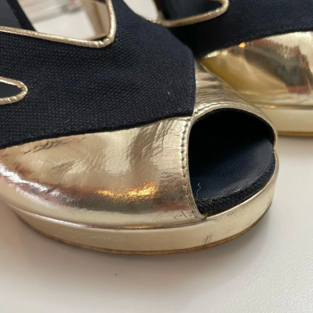 Chanel Gold Leather & Navy Peep-Toe Heels Size 7.5