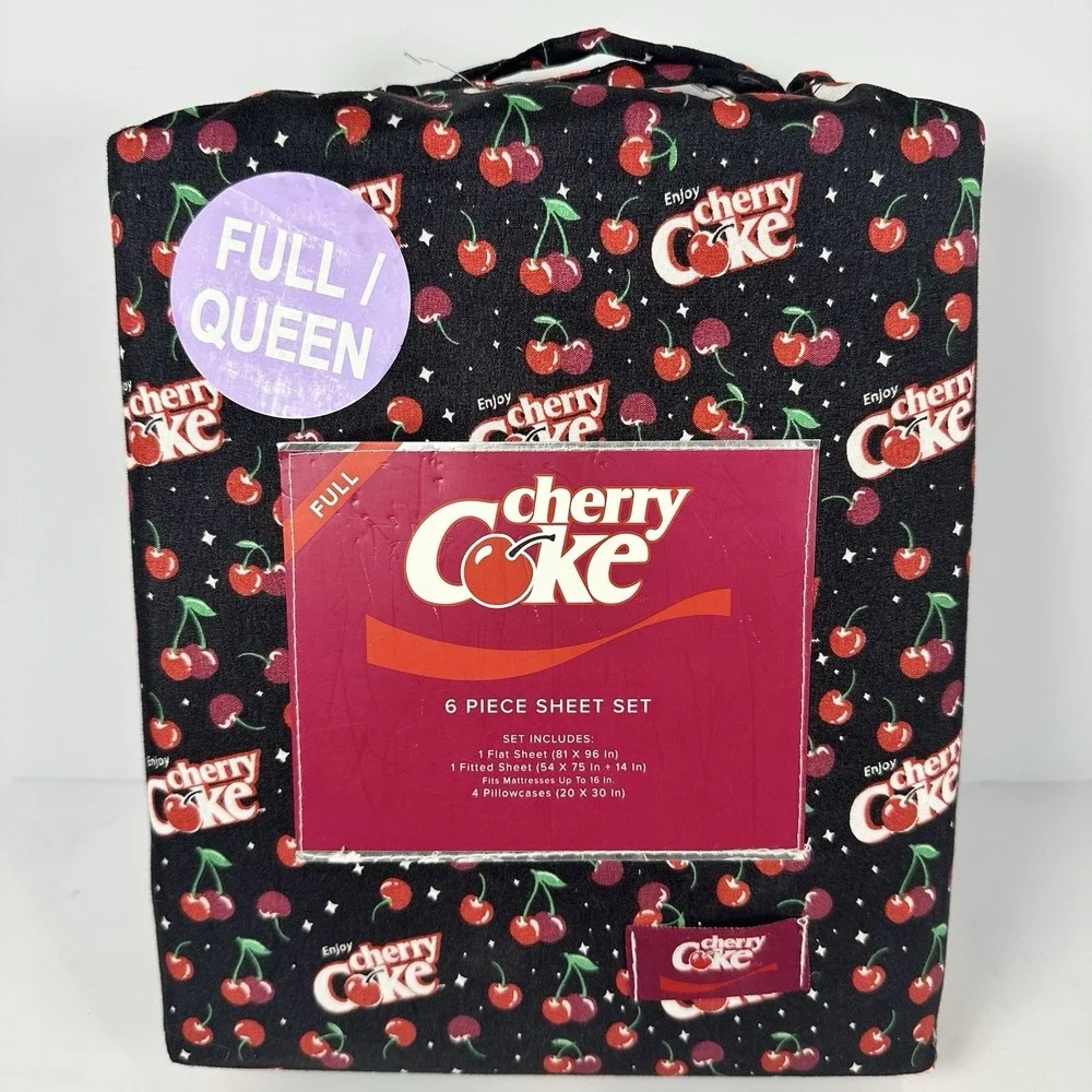 Cherry Coke Full Queen 6 Piece Sheet Set Coca Cola Cherry Print Black Bedding