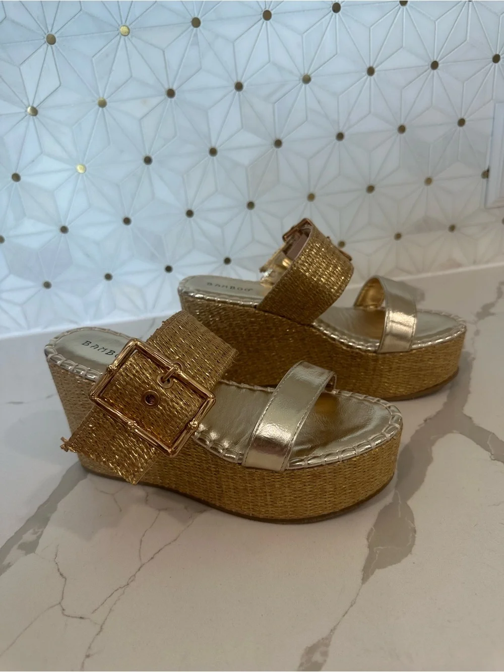 BAMBOO Metallic Gold Woven Buckle Wedge Slides