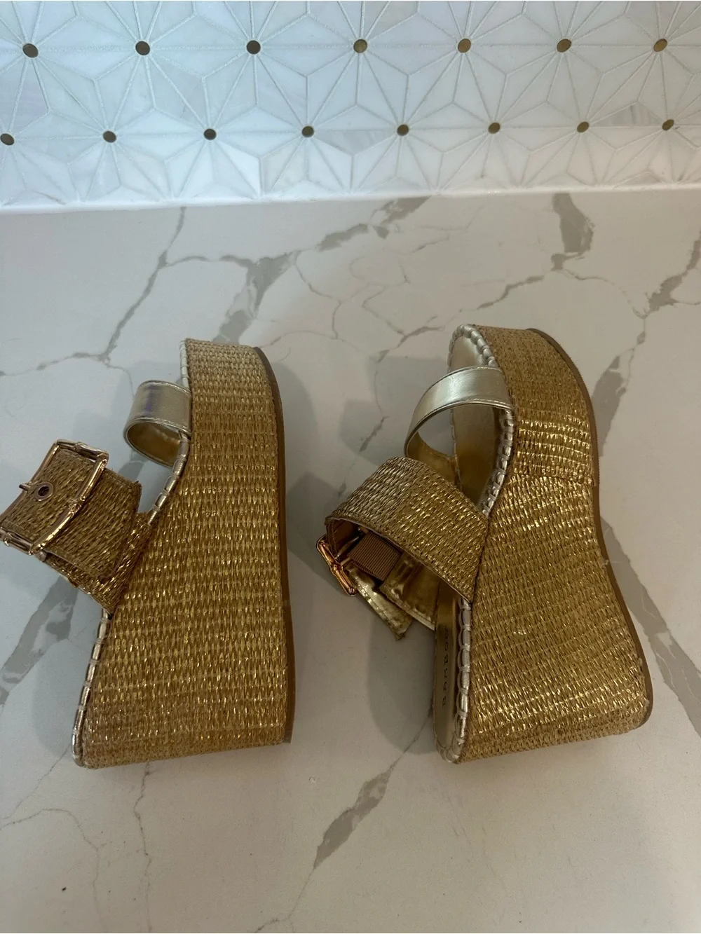 BAMBOO Metallic Gold Woven Buckle Wedge Slides