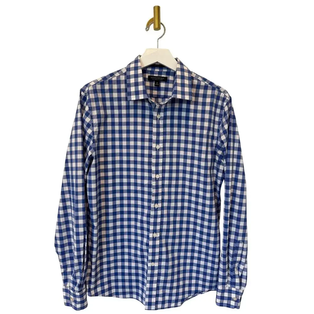 Banana Republic Slim Flex Fit Tech Stretch Cotton Gingham Shirt Blue White M