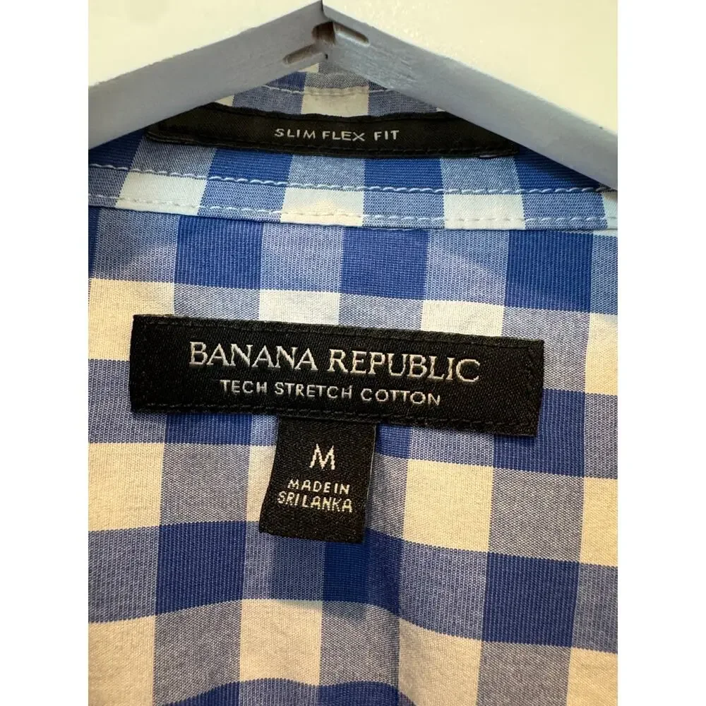 Banana Republic Slim Flex Fit Tech Stretch Cotton Gingham Shirt Blue White M