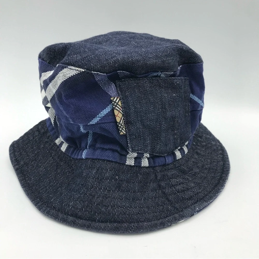 Burberry‎ London Kids Bucket Hat Sz Small Blue Nova Check Denim Chambray Pocket