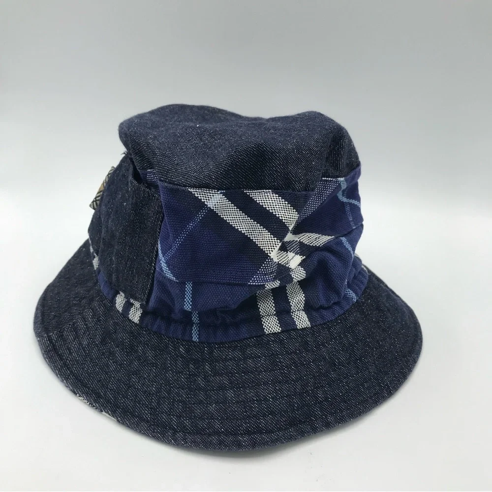 Burberry‎ London Kids Bucket Hat Sz Small Blue Nova Check Denim Chambray Pocket