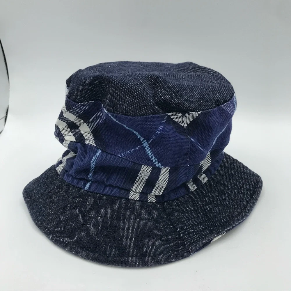 Burberry‎ London Kids Bucket Hat Sz Small Blue Nova Check Denim Chambray Pocket